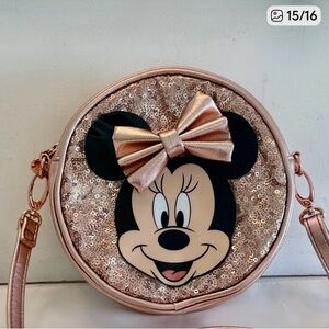 Disney Minnie Mouse round pink rose gold crossbody bag sequins sparkle with bow